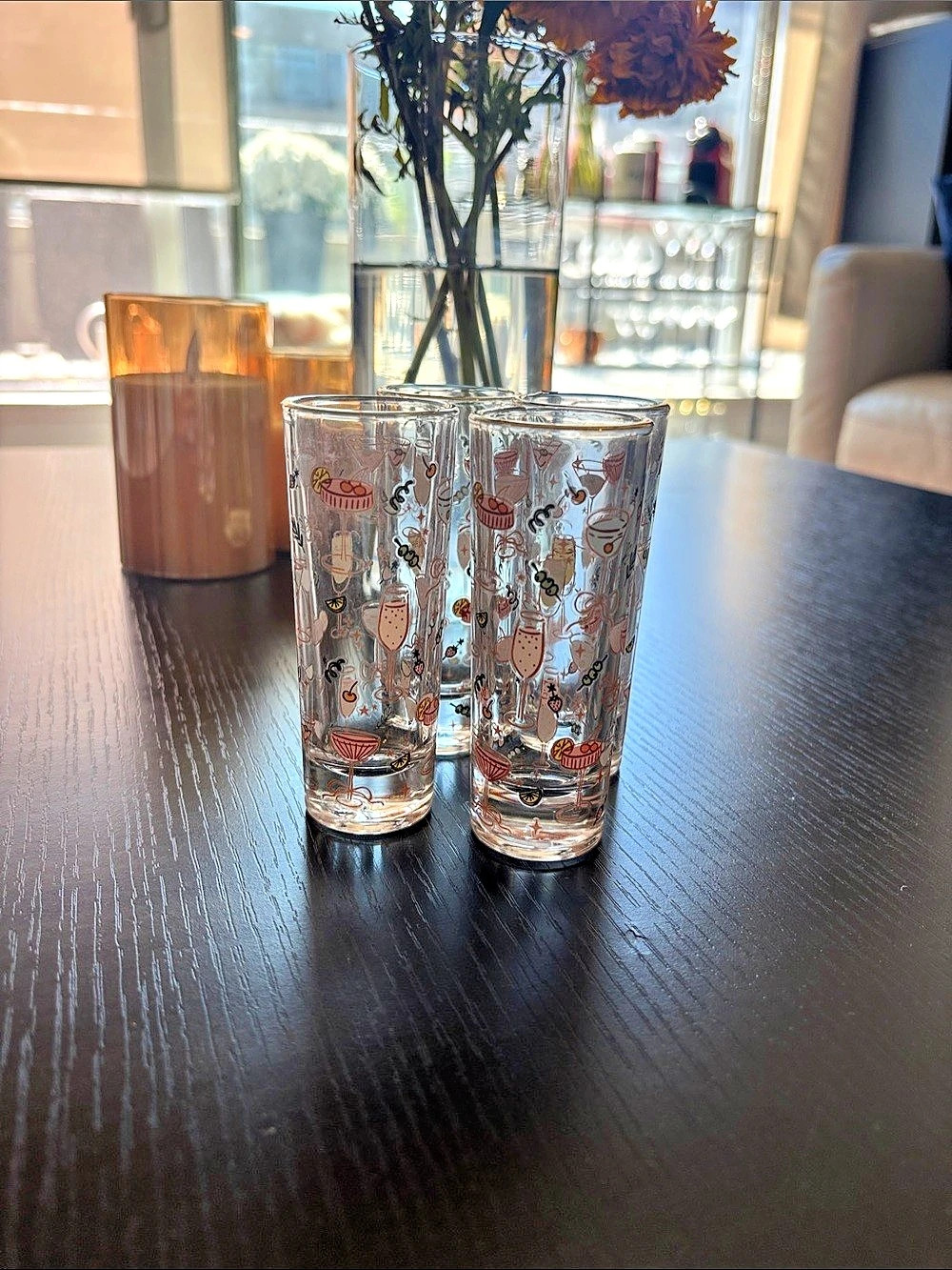 Printed Glasses Set of 4 in Clear & Pink